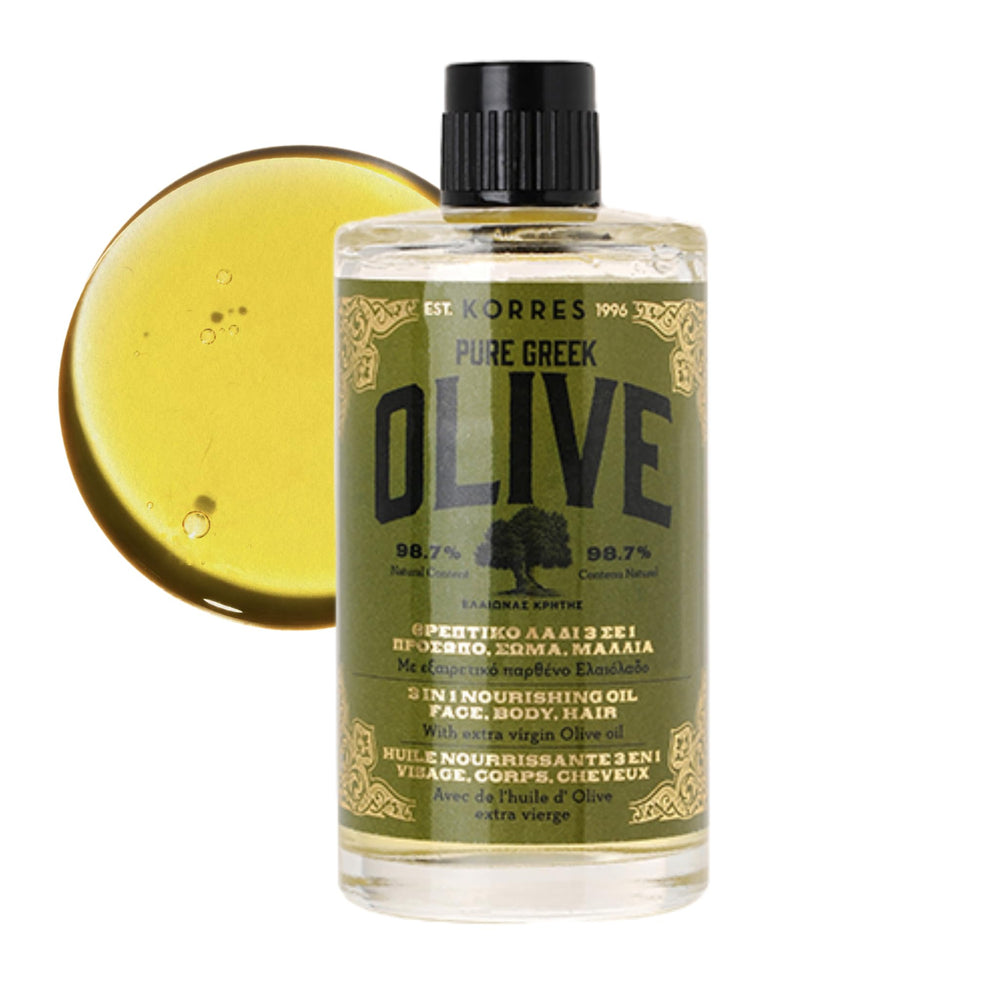 KORRES Extra Virgin Olive Oil bottle for face, hair, and body with multi-use hydration.