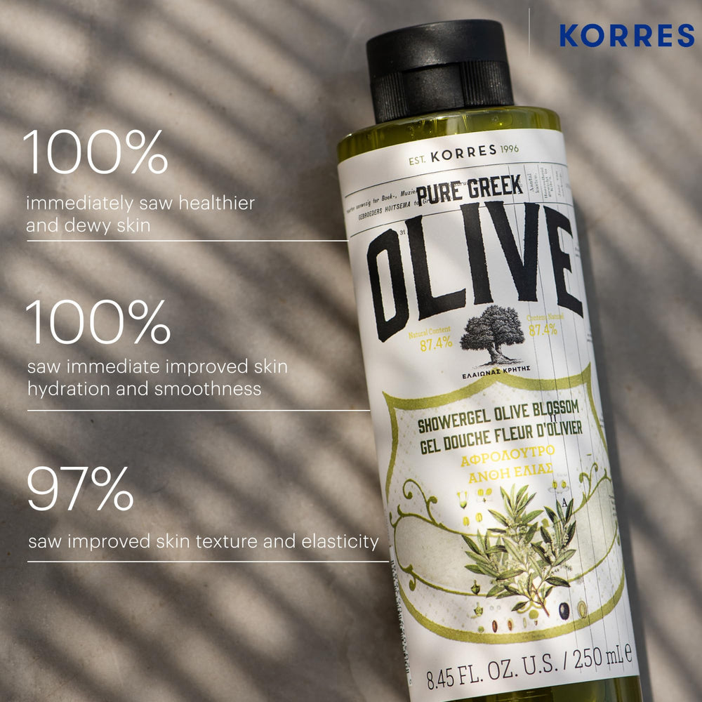 KORRES gel ducha aroma flor-de-olivo estimula los sentidos.