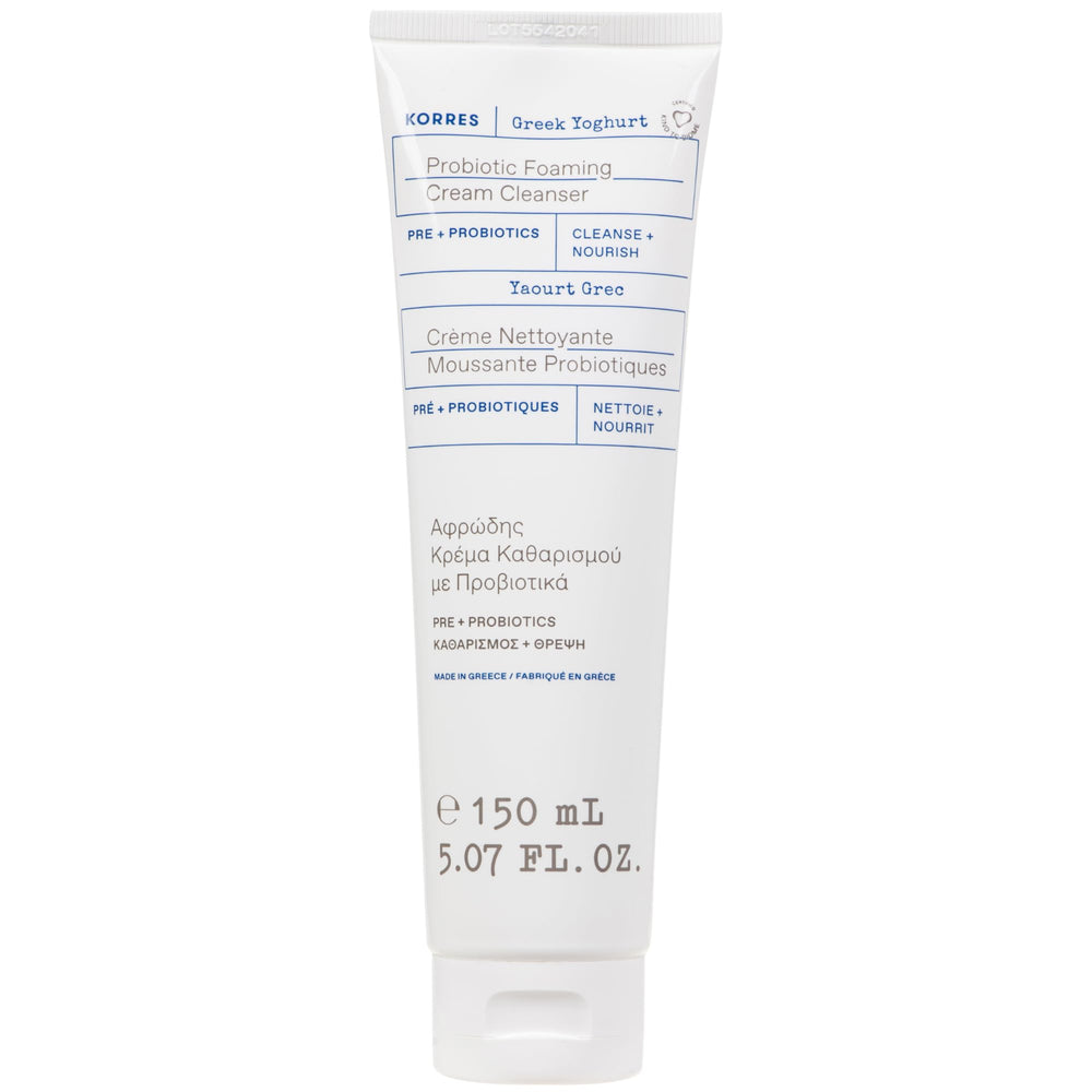 KORRES Greek Yoghurt Foaming Cleanser bottle with creamy texture for gentle cleansing.