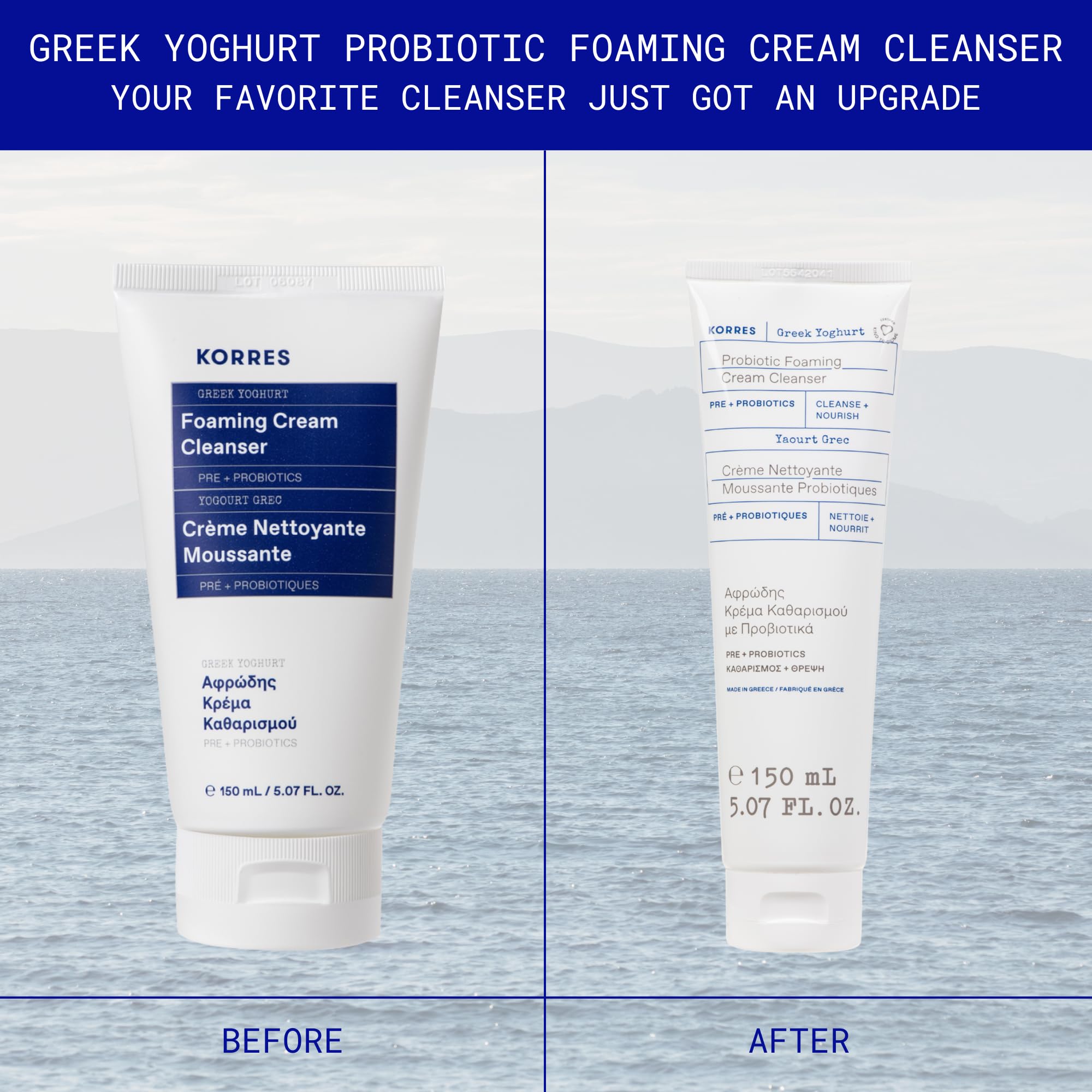 KORRES Greek Yoghurt Foaming Cleanser label close-up highlighting yogurt-based formula.