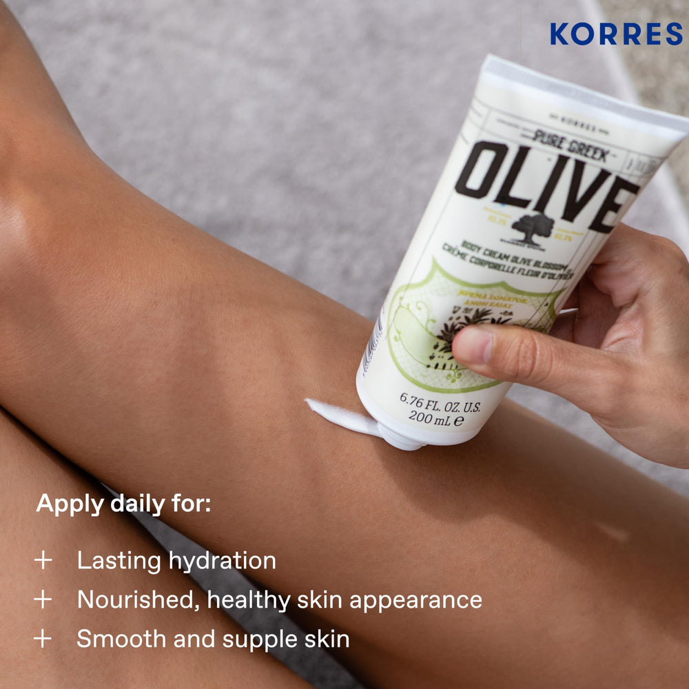 Packaging of KORRES Olive Body Lotion emphasizes recyclability and vegan-friendly formula