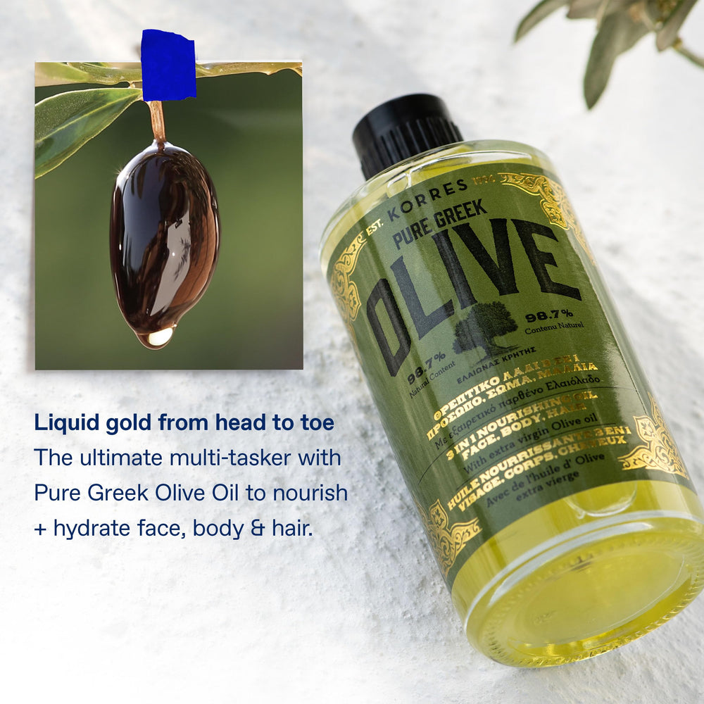 KORRES Olive Oil bottle beside recyclable packaging signals eco-friendly care.