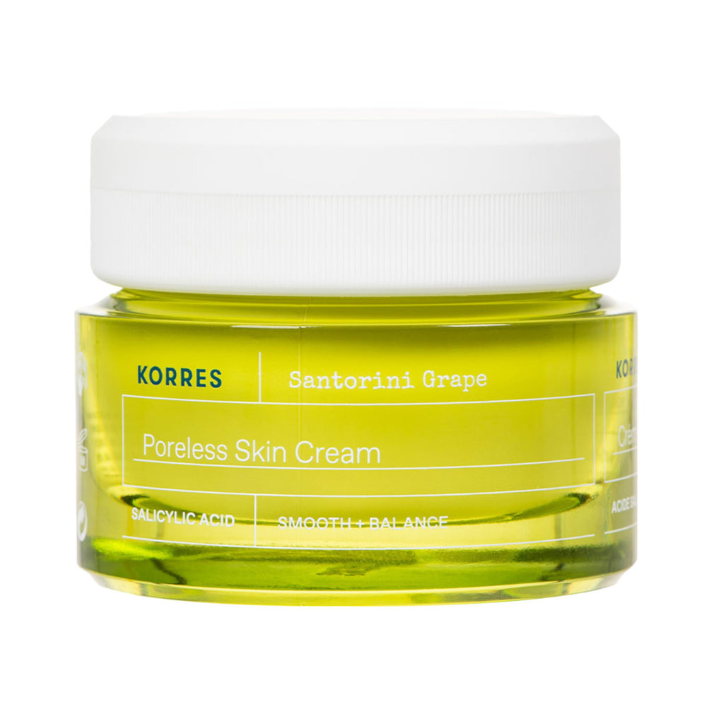 KORRES Santorini Grape Poreless Gel Moisturizer jar closeup showing pore-blurring texture.
