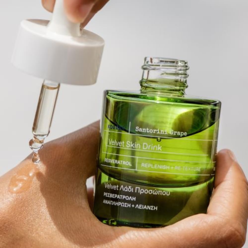 KORRES Santorini Grape Velvet Skin Drink drop-pour shows easy application and hydration