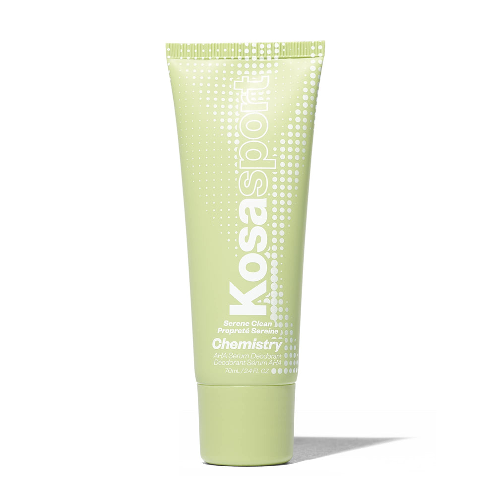 Kosas Chemistry Deodorant bottle closeup highlights aluminum-free protection for sensitive underarms.