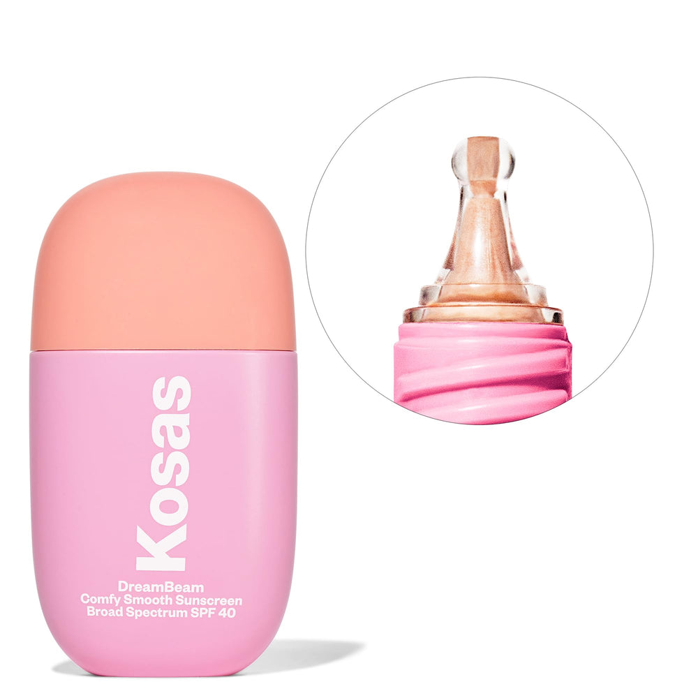 Kosas DreamBeam texture shown during application for lightweight, non-greasy protection.