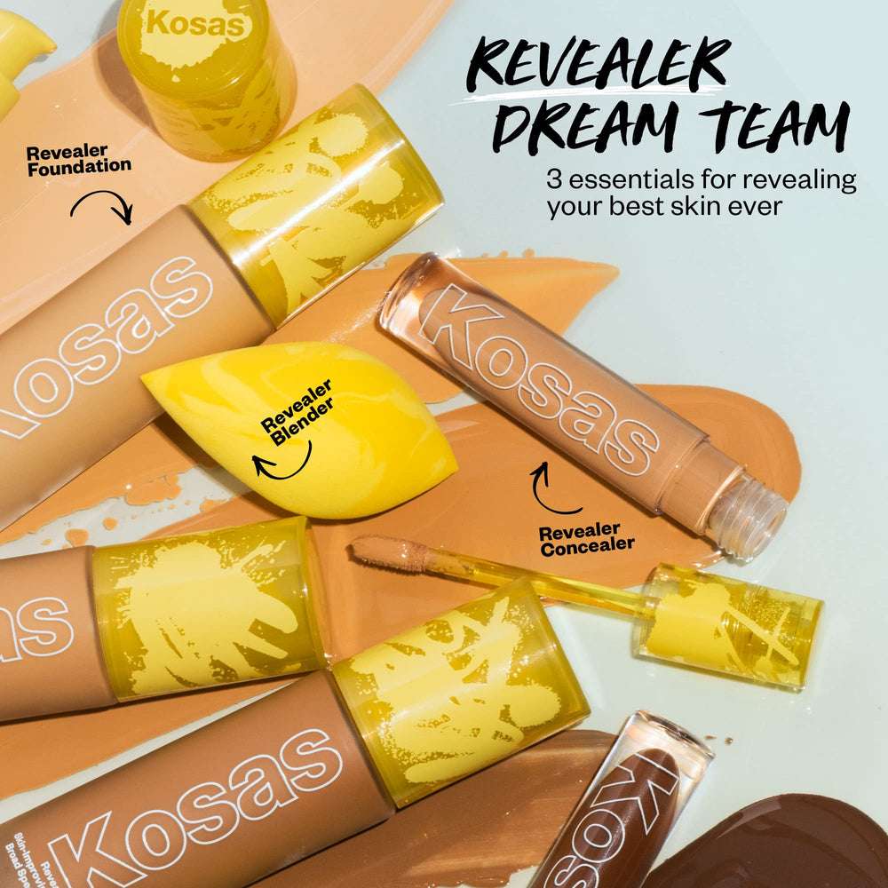 Under-eye and facial swatch demonstrates hydration and even tone with Kosas Revealer.