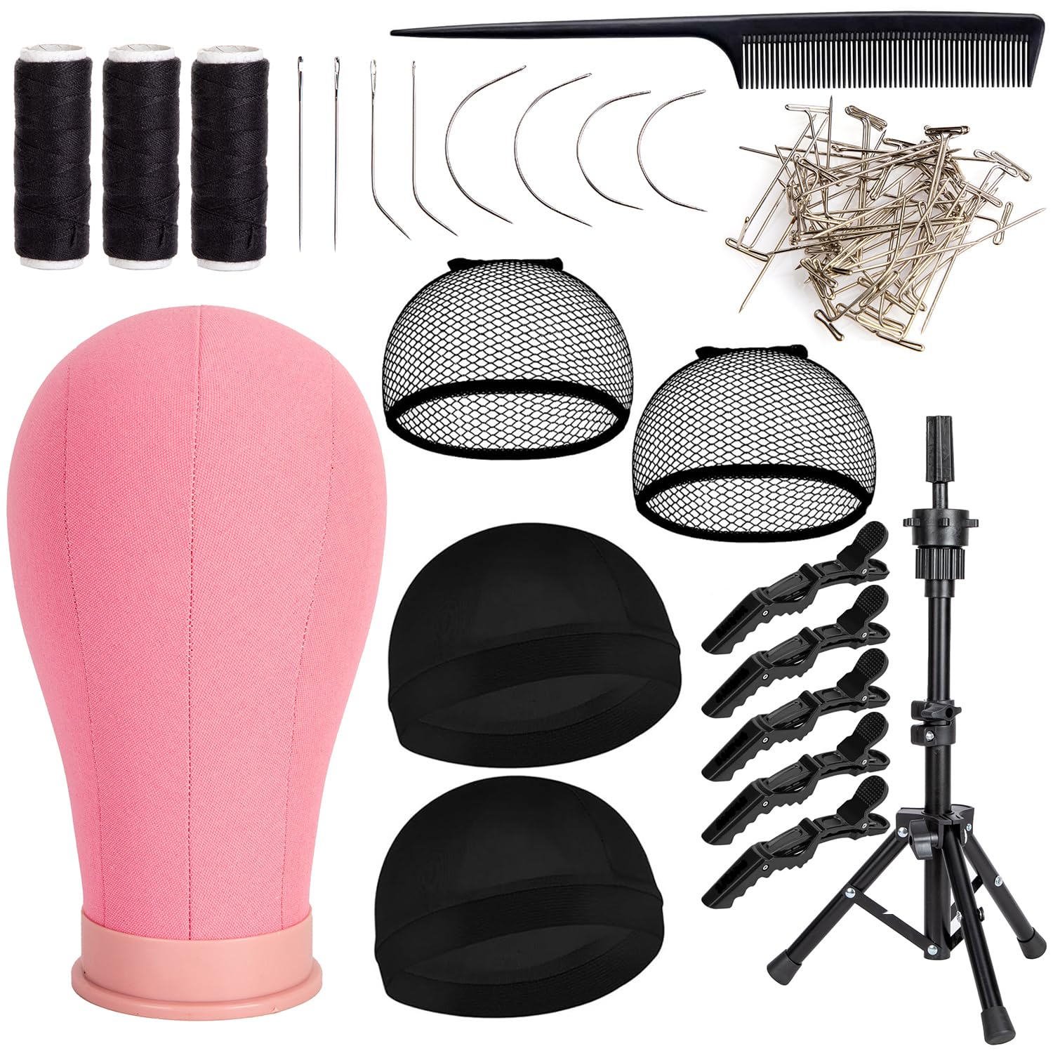 Koskusder 22-inch canvas wig head with stand in pink for precise wig making and display