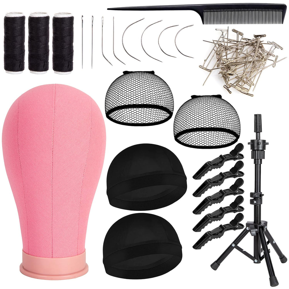 Koskusder 22-inch canvas wig head with stand in pink for precise wig making and display