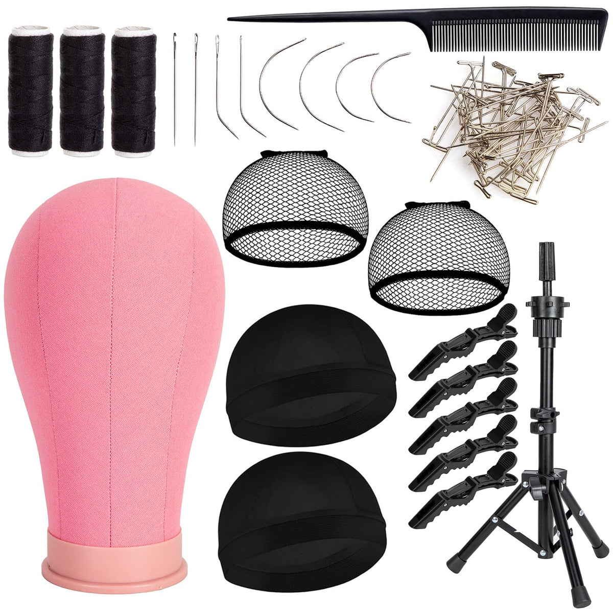 Koskusder 22-inch canvas wig head with stand in pink for precise wig making and display