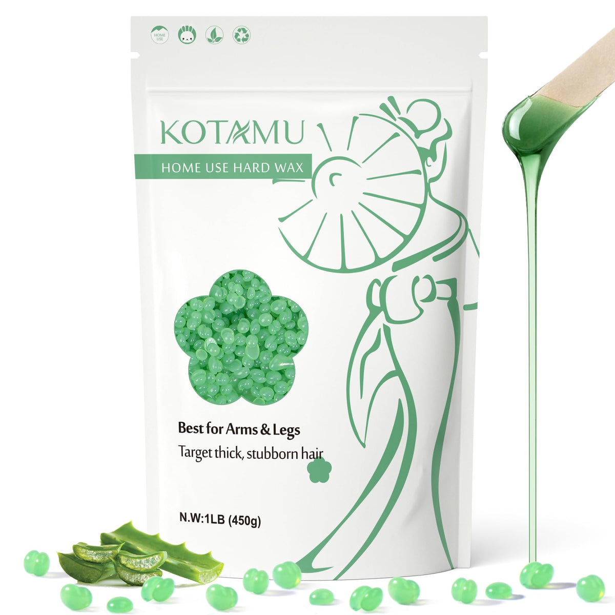 KOTAMU Aloe Vera hard wax beads bottle for at-home removal, gentle on skin.