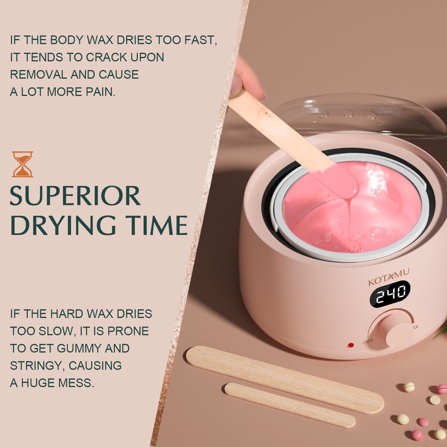 KOTAMU bikini-area beads enable precise waxing in delicate zones.