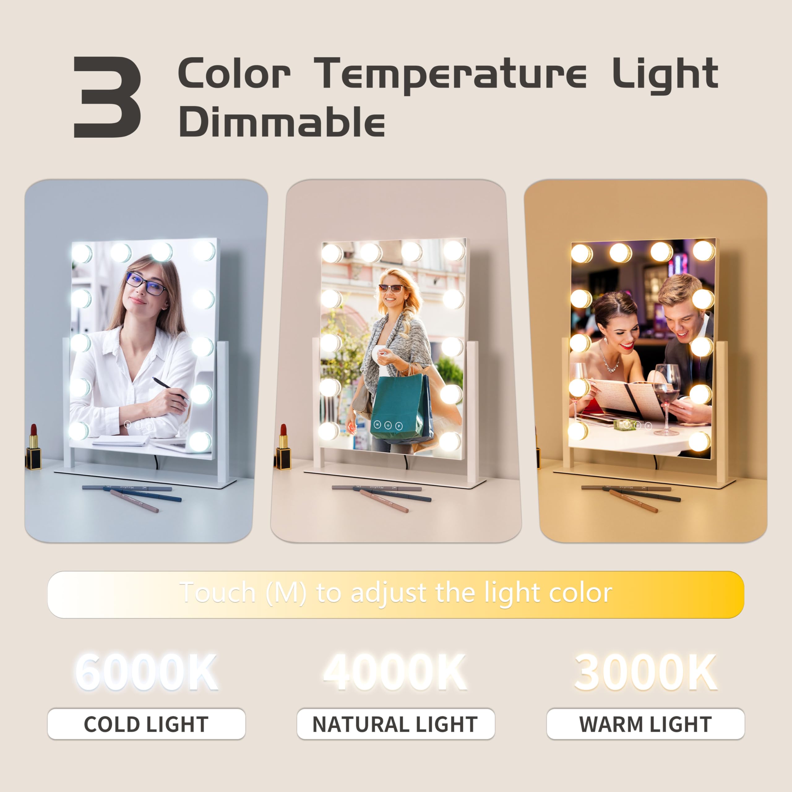 Kotdning vanity mirror offers three color lighting modes for accurate makeup.