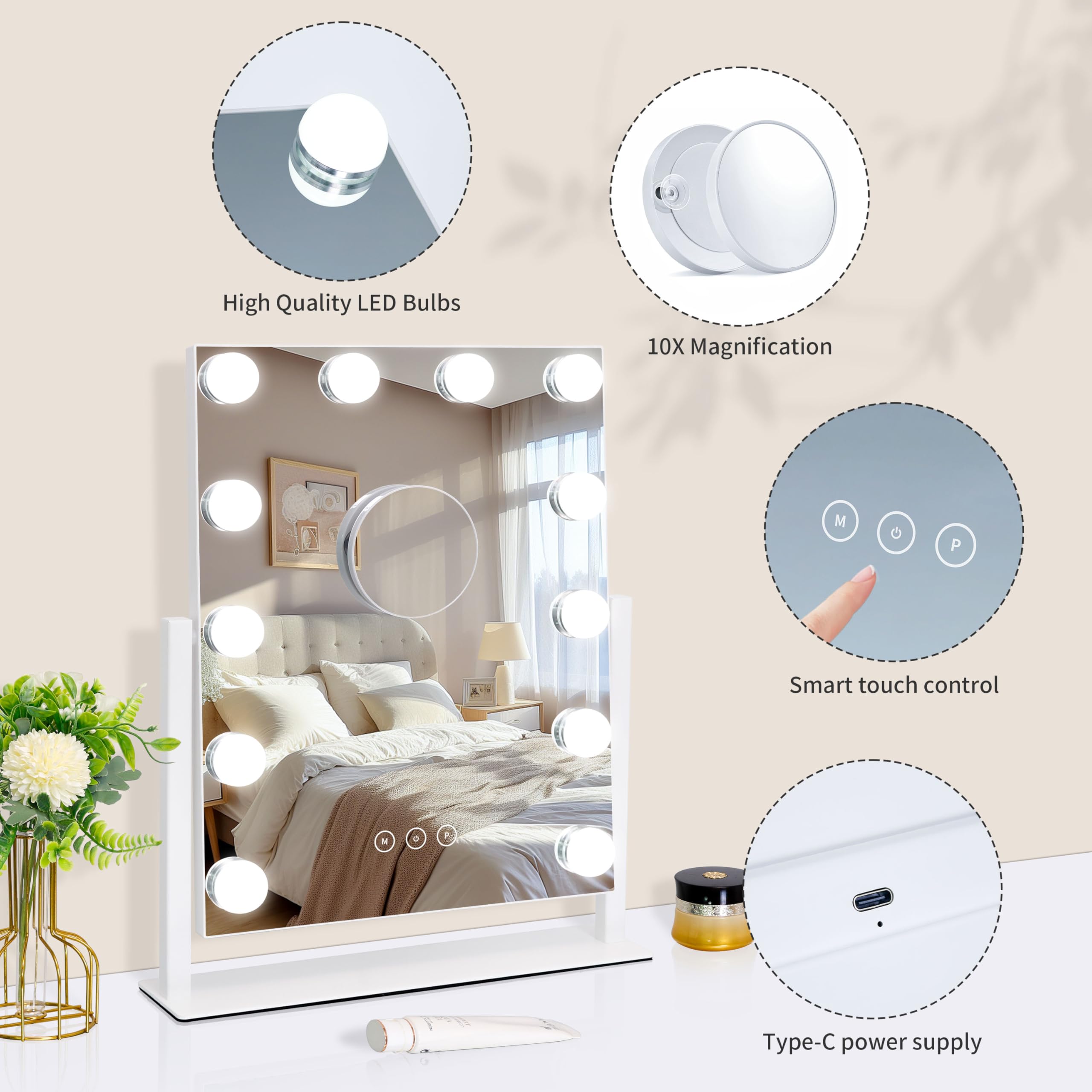 Kotdning vanity mirror detachable 10x magnifying mirror for precise detail.