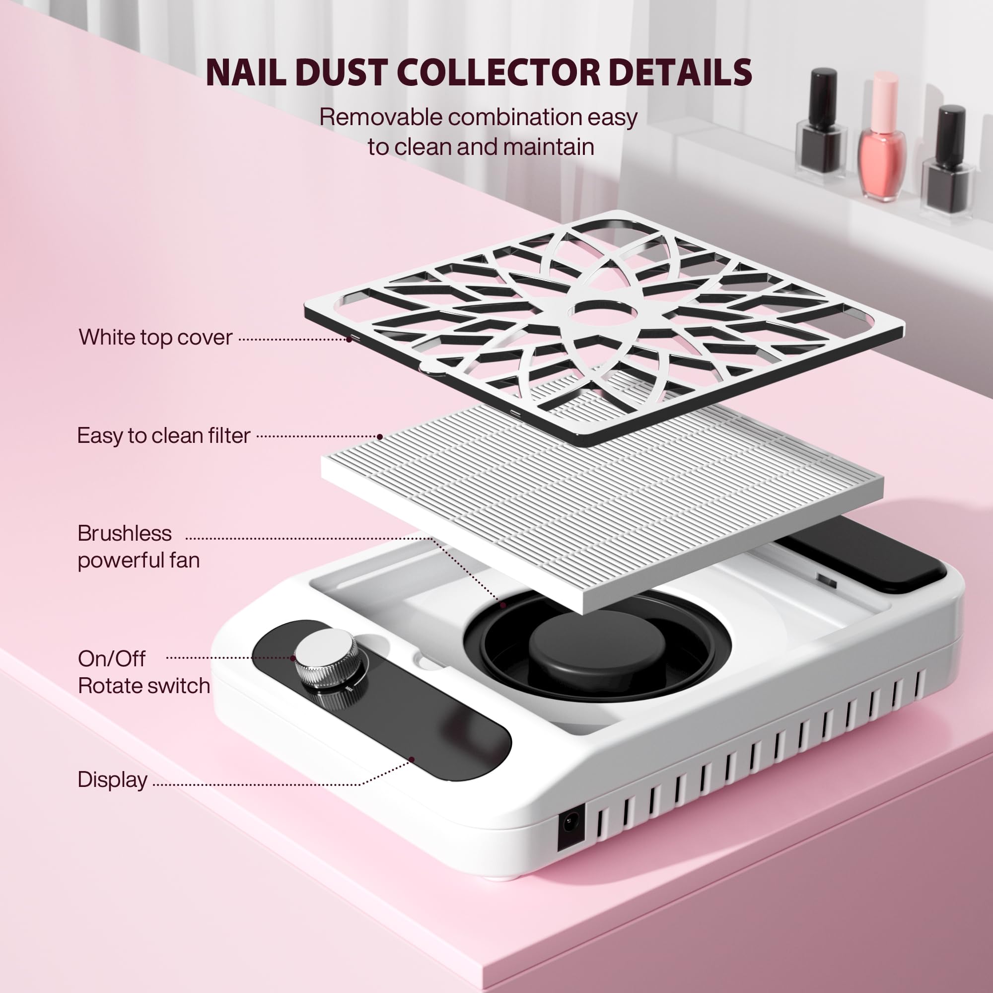 Kouzitop unit with 3-speed control enables quiet, customizable suction during manicures and pedicures.
