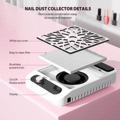 Kouzitop unit with 3-speed control enables quiet, customizable suction during manicures and pedicures.