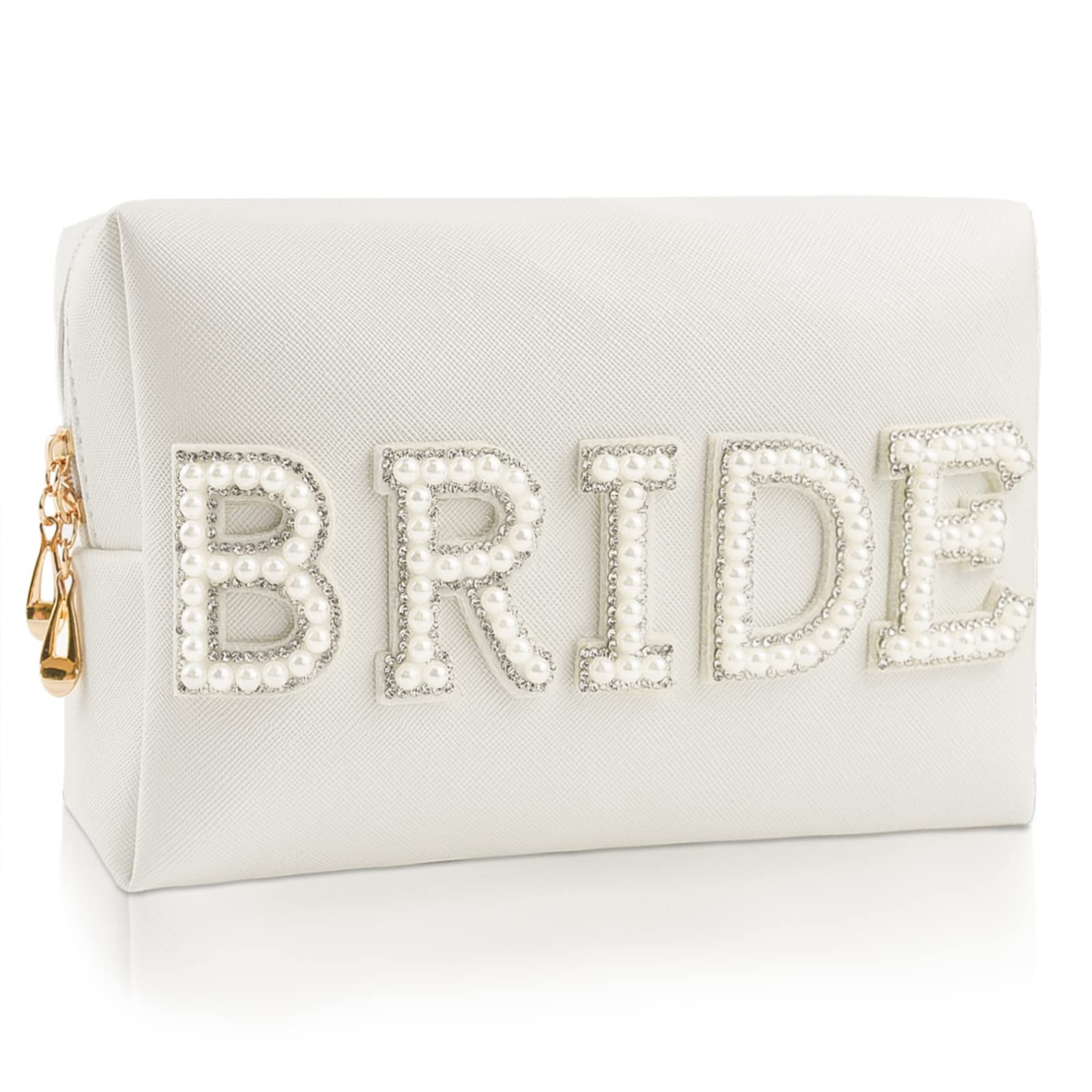 Kovewon bride patch makeup bag with pearl rhinestones for wedding-day cosmetics.