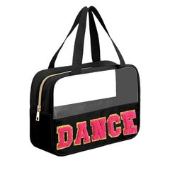 Kovewon Chenille Dance Letter Bag front view with pink DANCE letters for recital storage