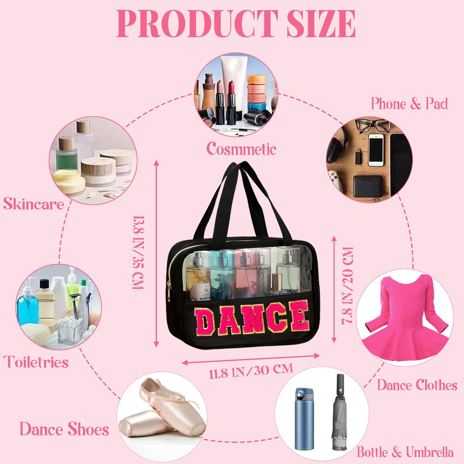 Kovewon clear tote interior showing large capacity for skincare and dance supplies