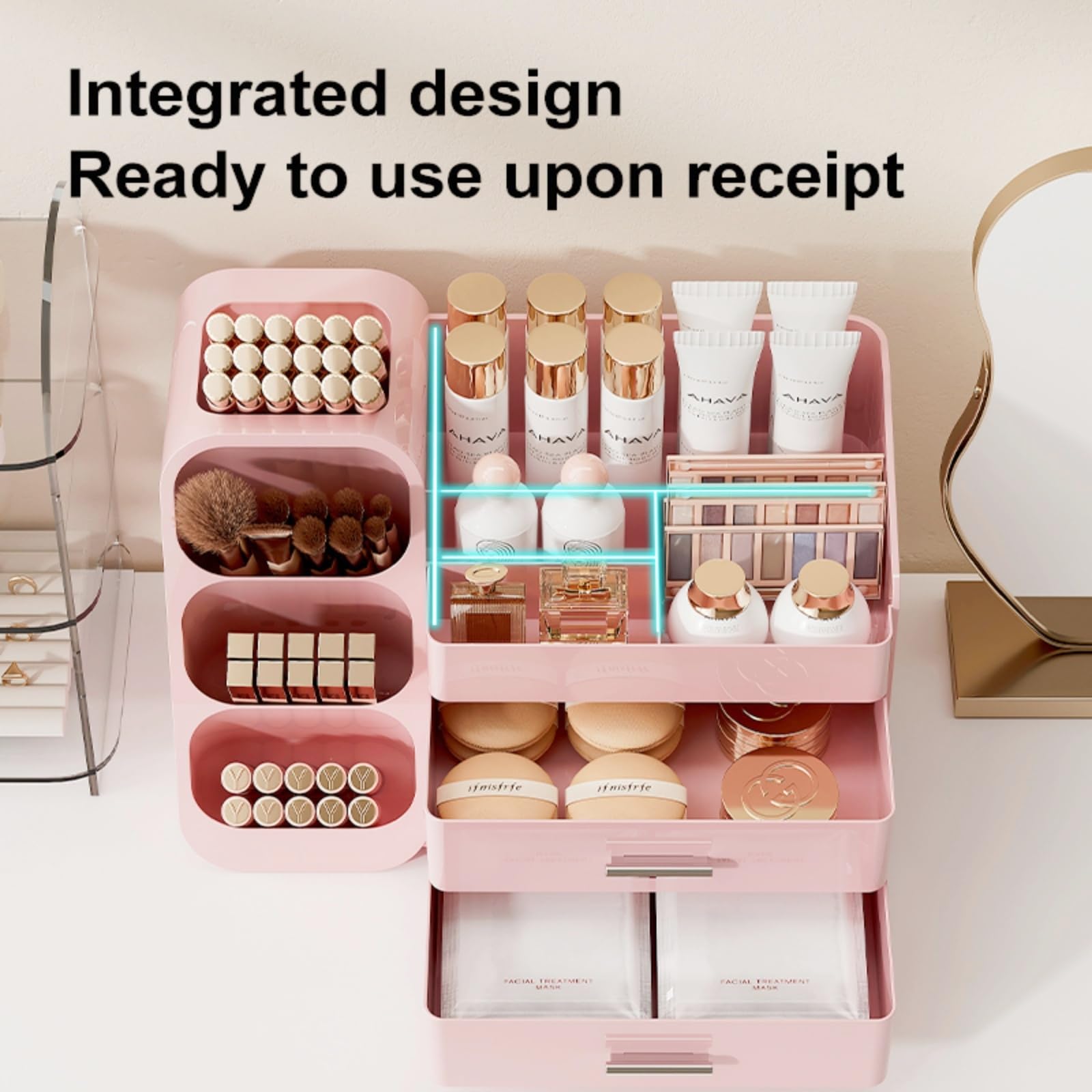 KQJS Makeup Organizer on a bedroom dressing table for daily routine organization.