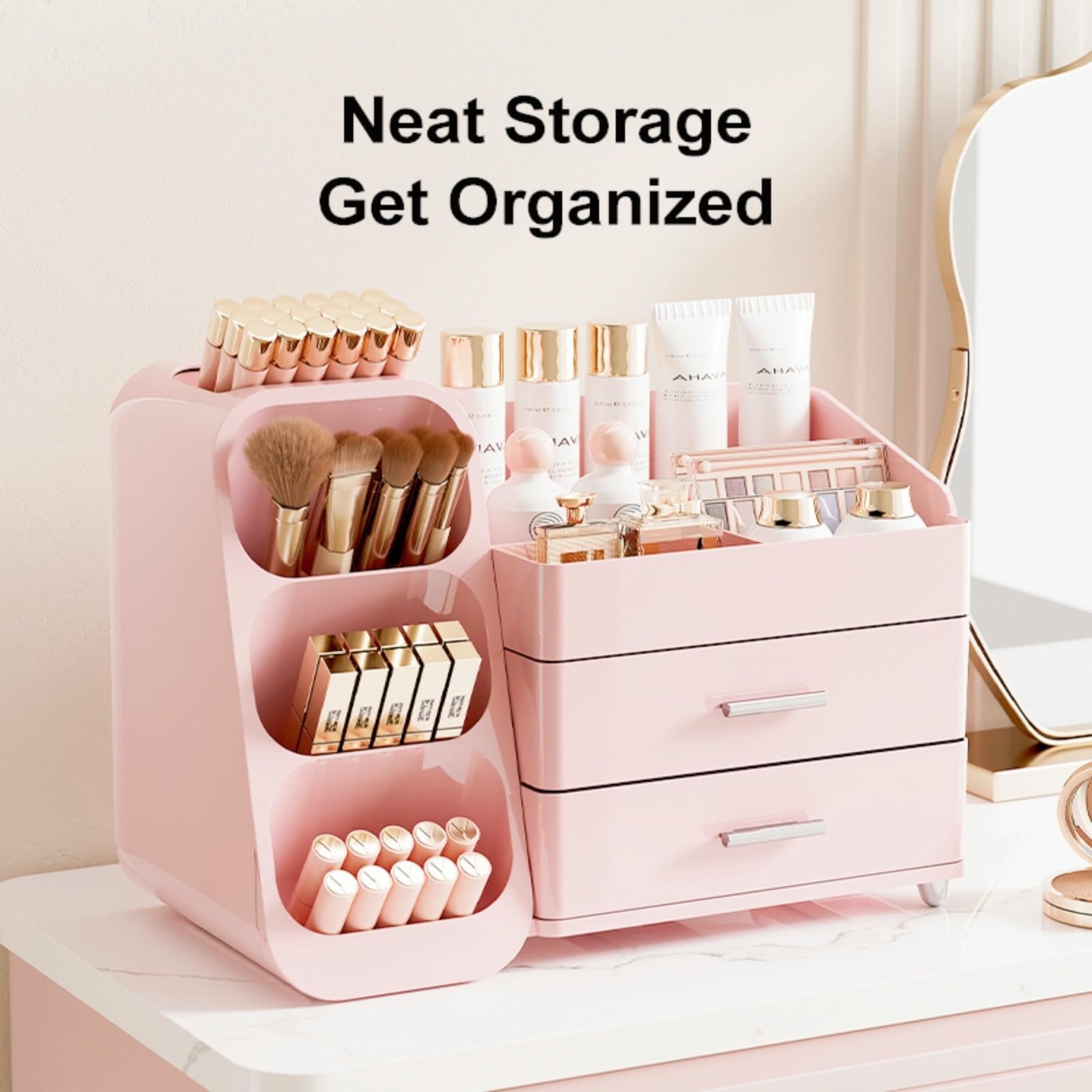 KQJS Makeup Organizer features a delicate silvery handle for an elegant touch.