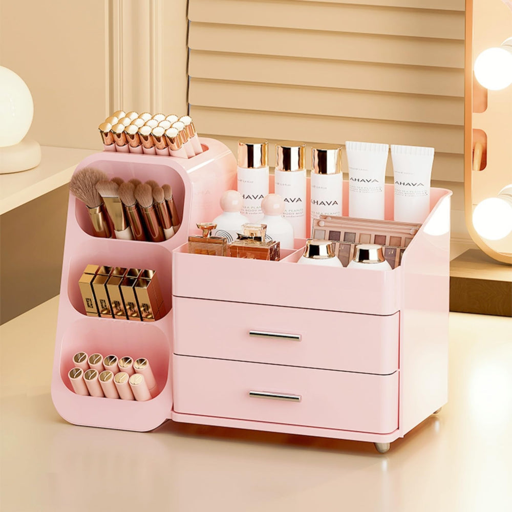 KQJS Makeup Organizer shows three-layer storage for neat cosmetics.