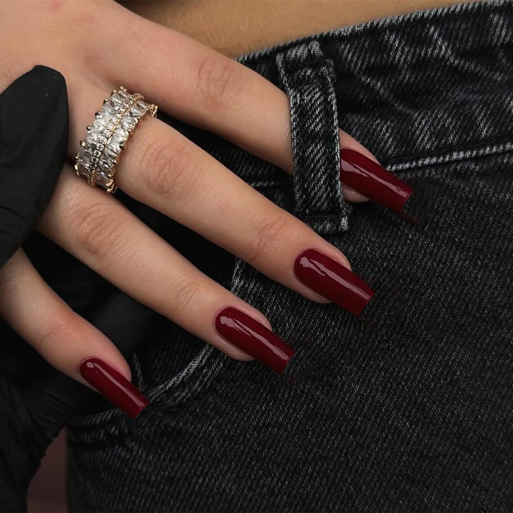 KQueenest burgundy red fake nails in medium coffin for versatile everyday wear.