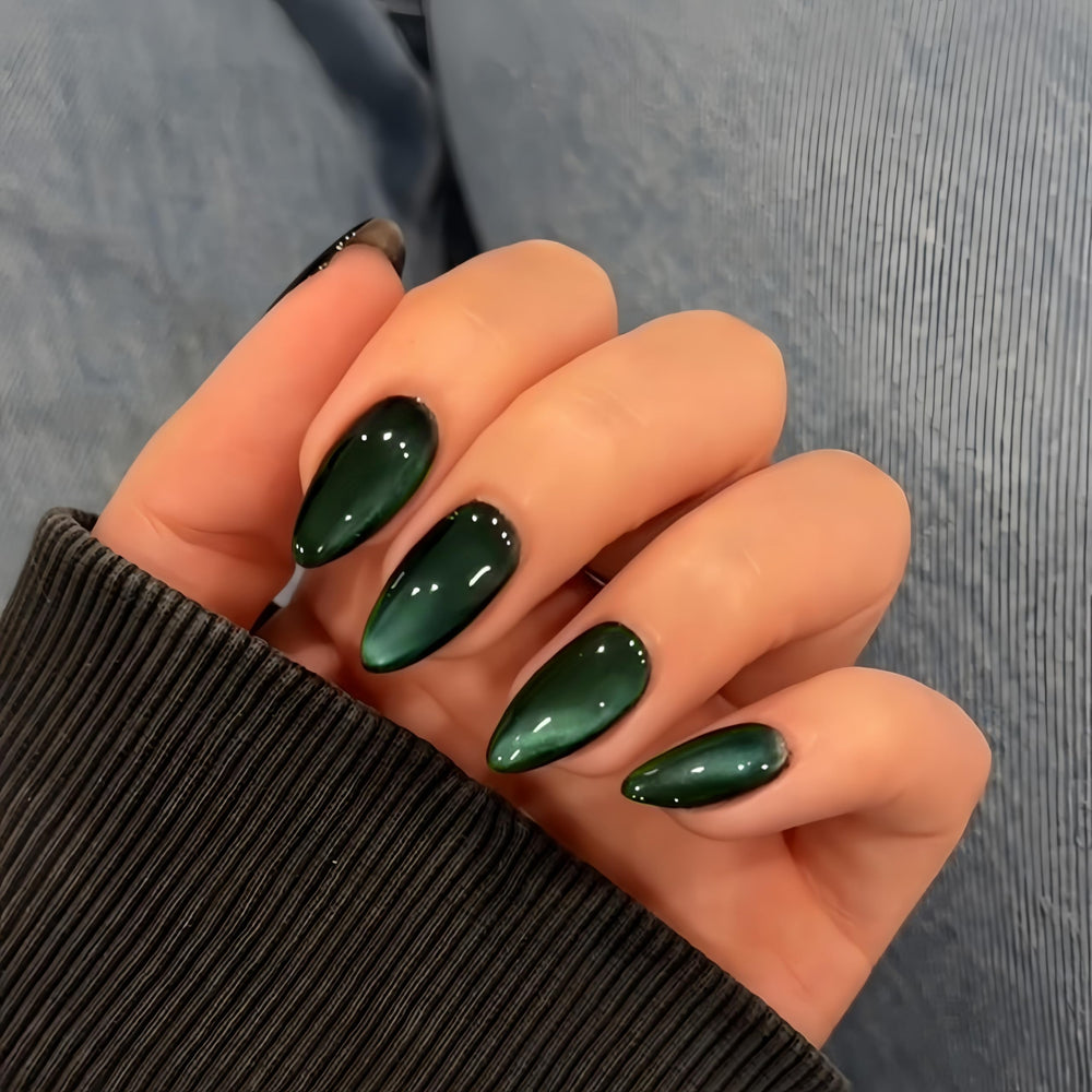 KQueenest uñas ojo-gato esmeralda en almendra con brillo duradero para fiestas