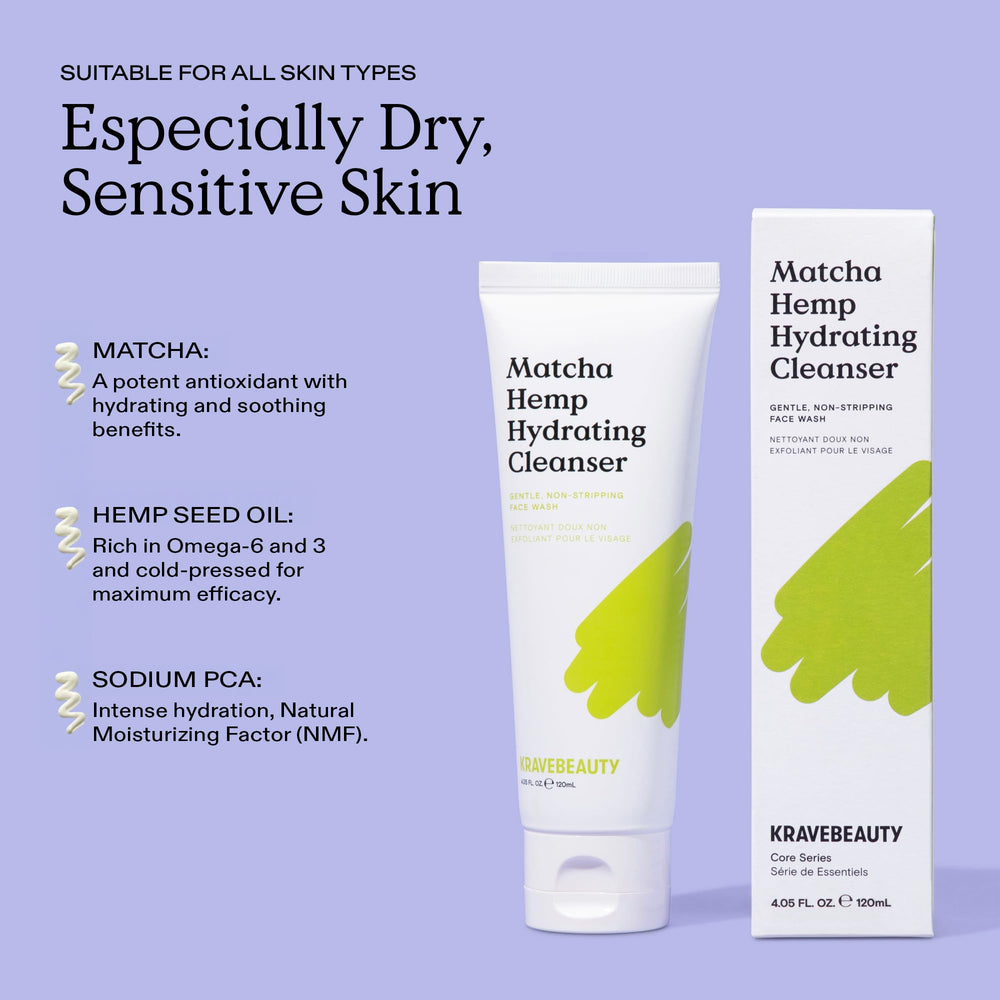 KraveBeauty Matcha Hemp Hydrating Cleanser bottle pour captures a safe, fragrance-free cleansing flow.