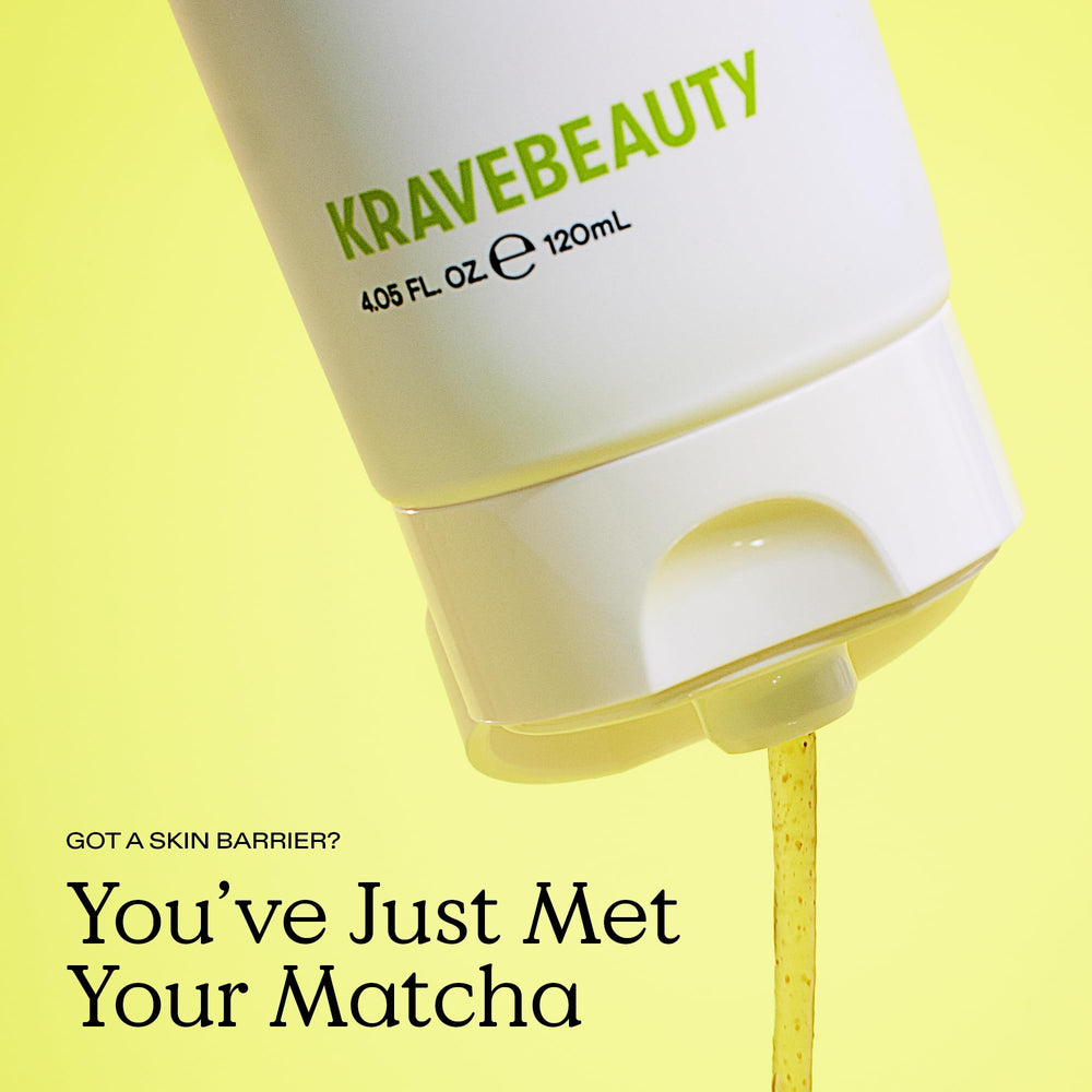 KraveBeauty Matcha Hemp Hydrating Cleanser bottle side highlights a pH-balanced, non-stripping cleansing experience.