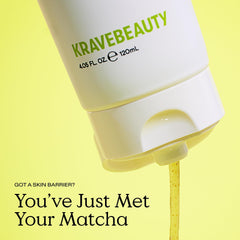 KraveBeauty Matcha Hemp Hydrating Cleanser bottle side highlights a pH-balanced, non-stripping cleansing experience.