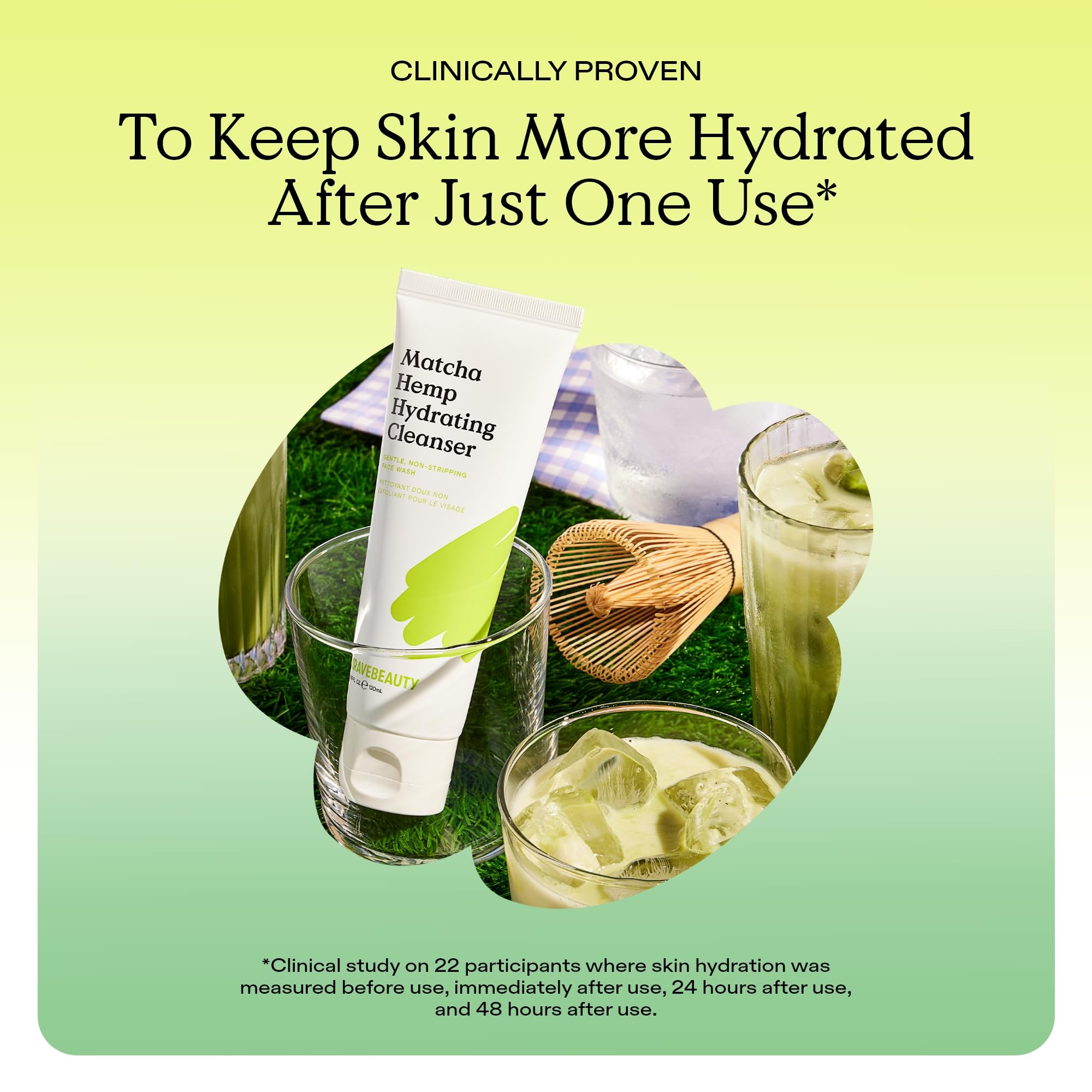 KraveBeauty Matcha Hemp Hydrating Cleanser flatlay suggests a minimalist, fragrance-free skincare ritual.