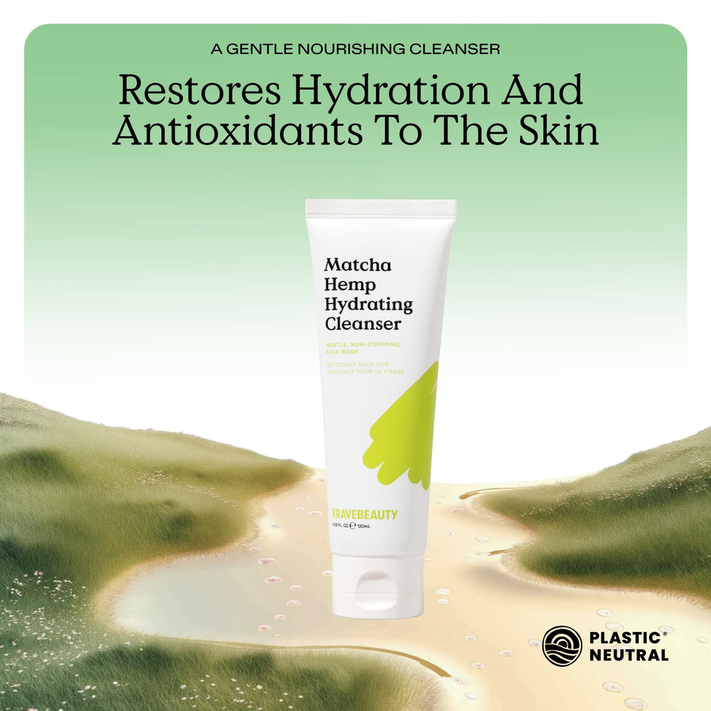 KraveBeauty Matcha Hemp Hydrating Cleanser ingredients panel emphasizes matcha and glycerin for hydration.