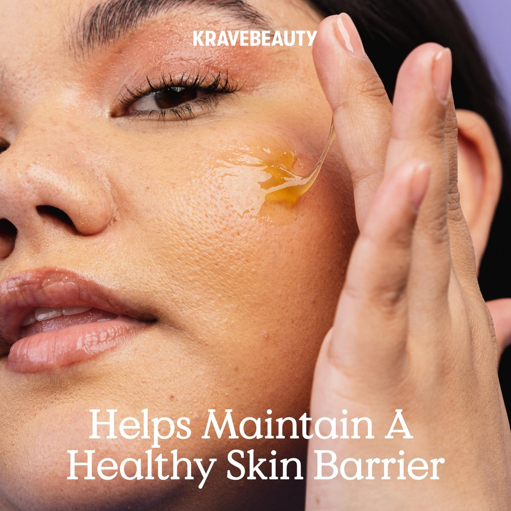 KraveBeauty Matcha Hemp Hydrating Cleanser texture sample reveals a creamy, mild lather for sensitive skin.