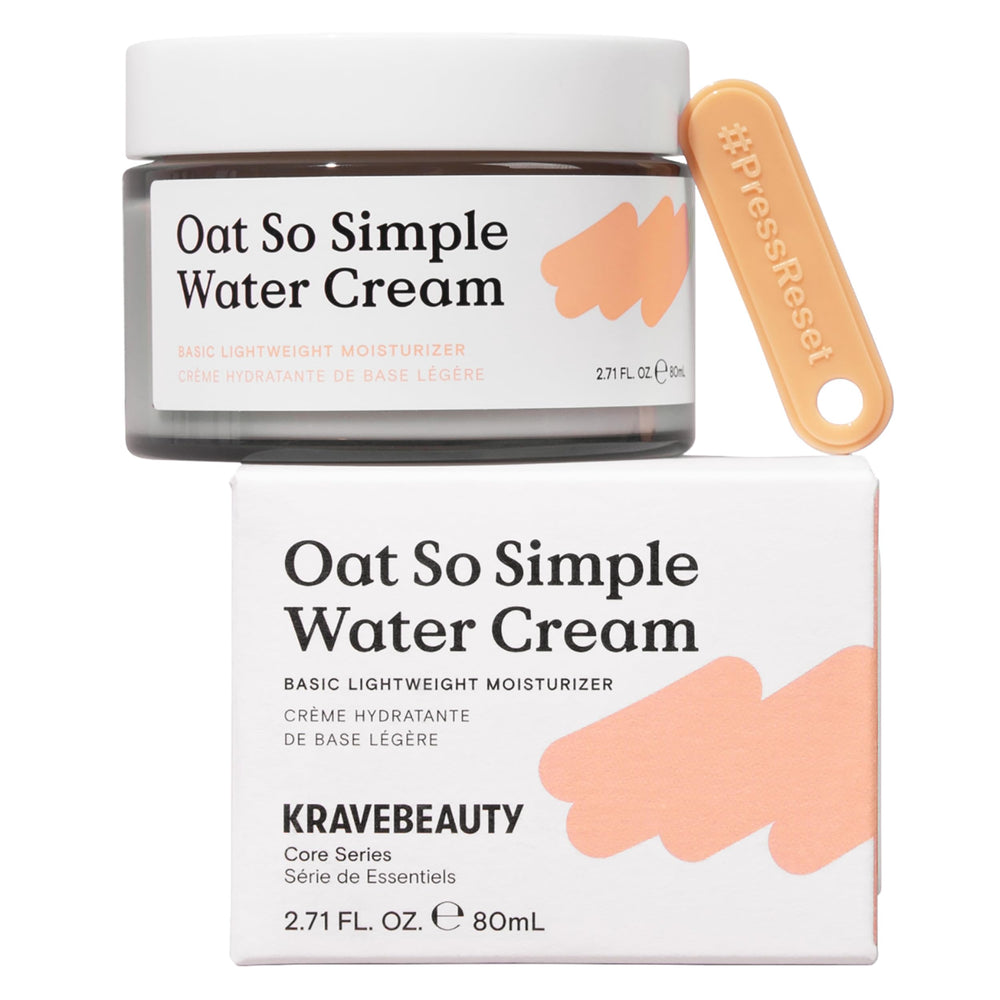 KraveBeauty Oat So Simple Water Cream bottle close-up, fragrance-free hydration for sensitive skin