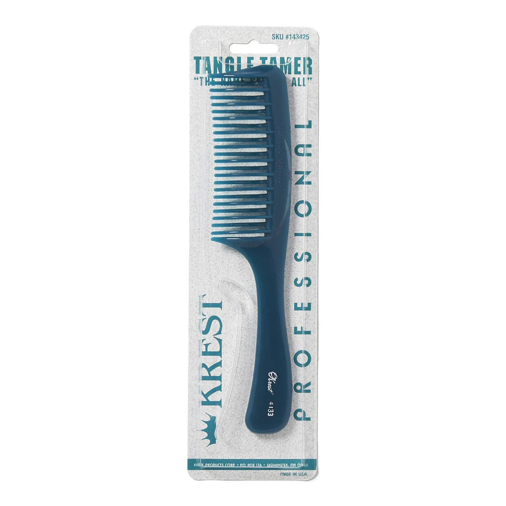 Krest Teal Tangle Tamer curve-tooth comb close-up for gentle detangling.