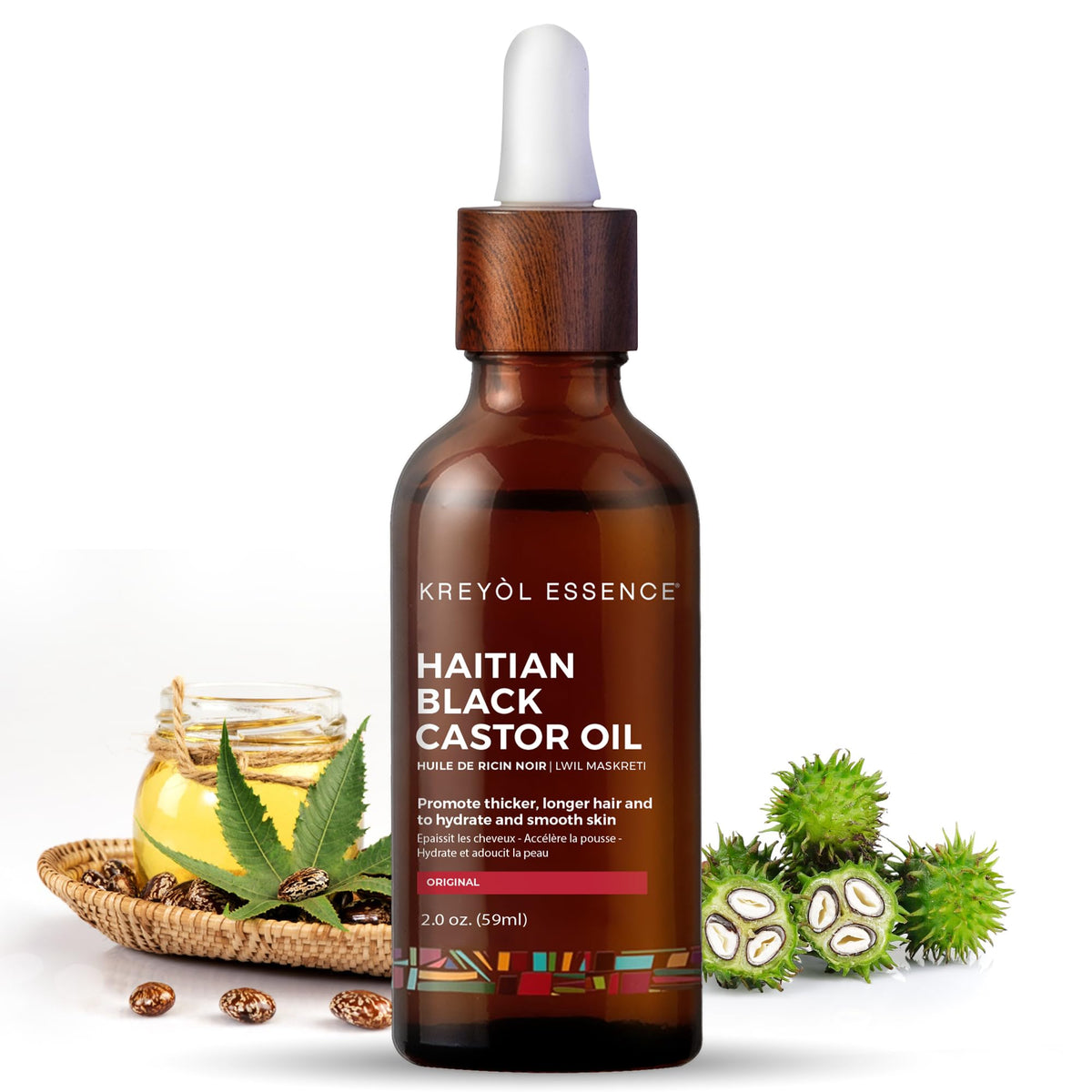 Kreyol Essence aceite ricino negro haitiano en botella de vidrio para hidratación profunda