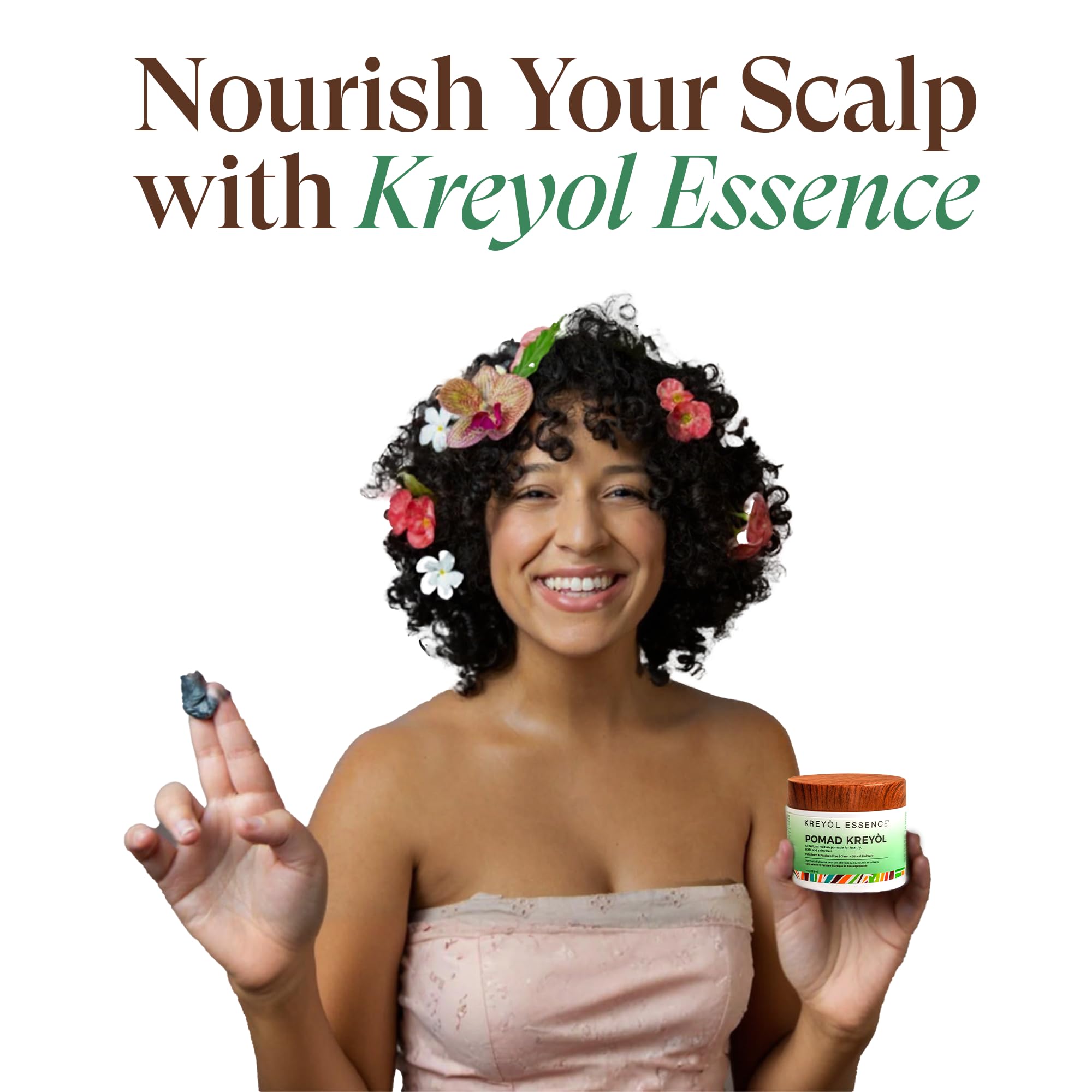 Etiqueta y envase natural de Kreyol Essence Pomada para el cuidado capilar.