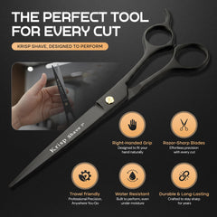 Krisp Shave salon barber setting with sleek metal shears.