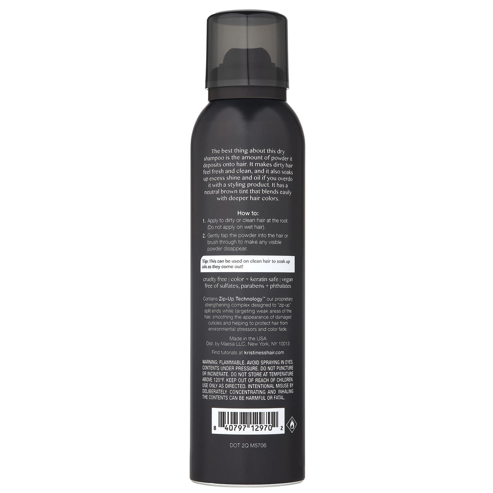 Kristin Ess Brunette Dry Shampoo being applied to refresh oil-prone roots
