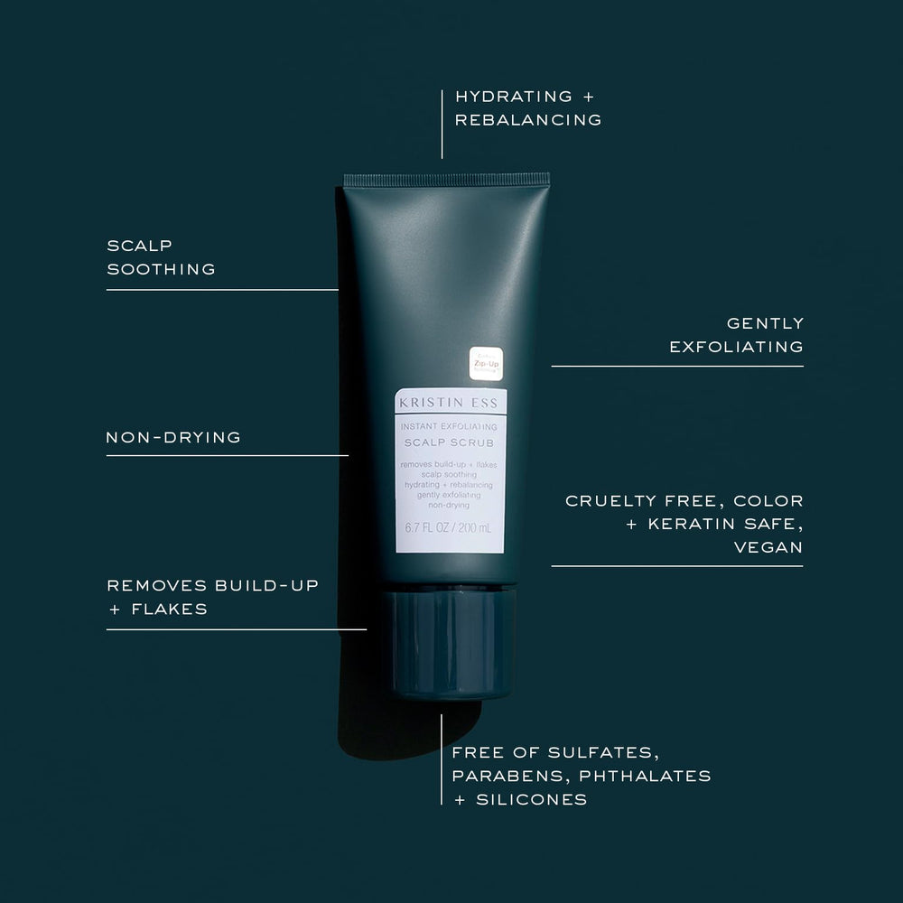 Aplicación en cuero cabelludo con Kristin Ess Exfoliante, limpieza profunda sin resecar.