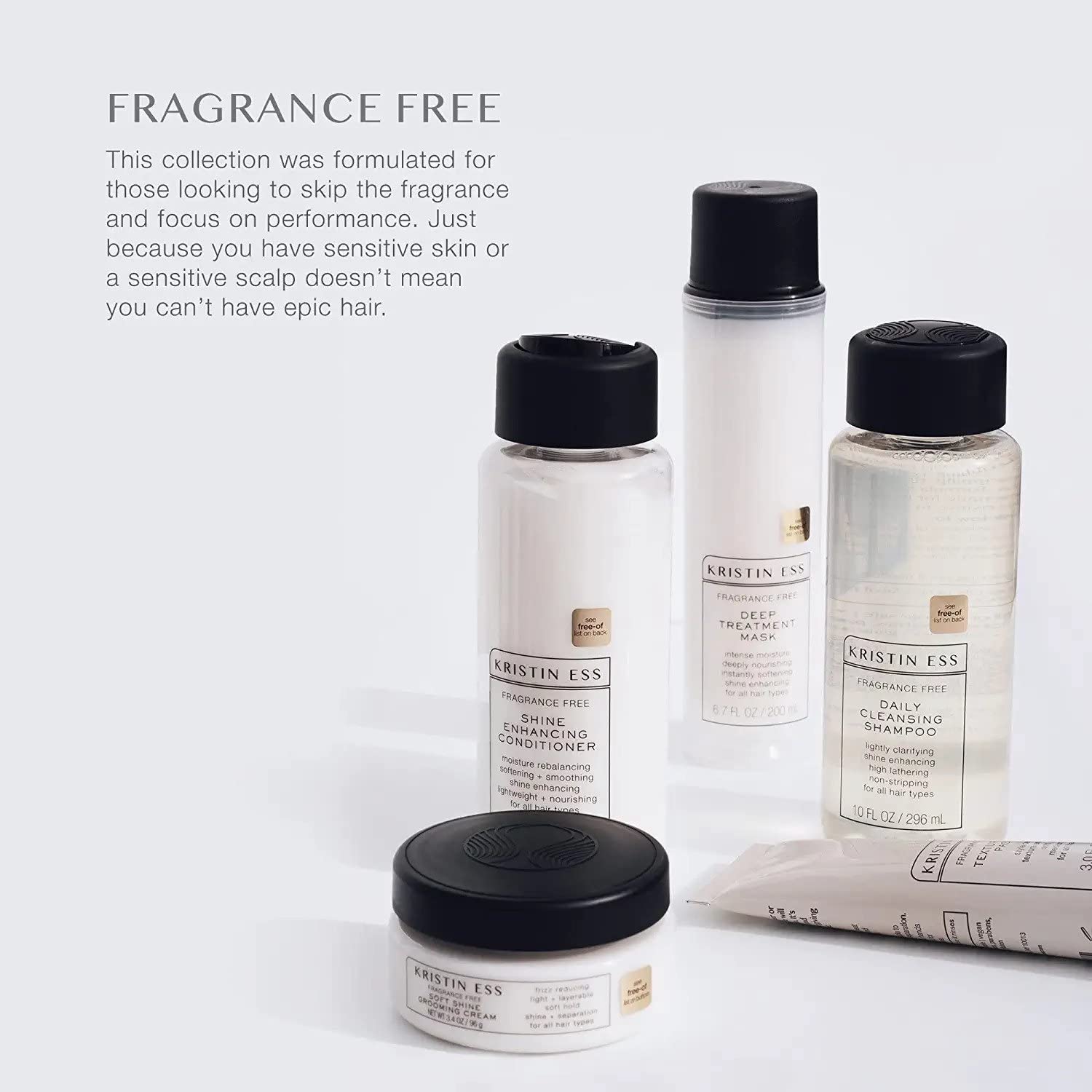Close-up of Kristin Ess Fragrance Free Shine Enhancing Conditioner label emphasizing fragrance-free benefits