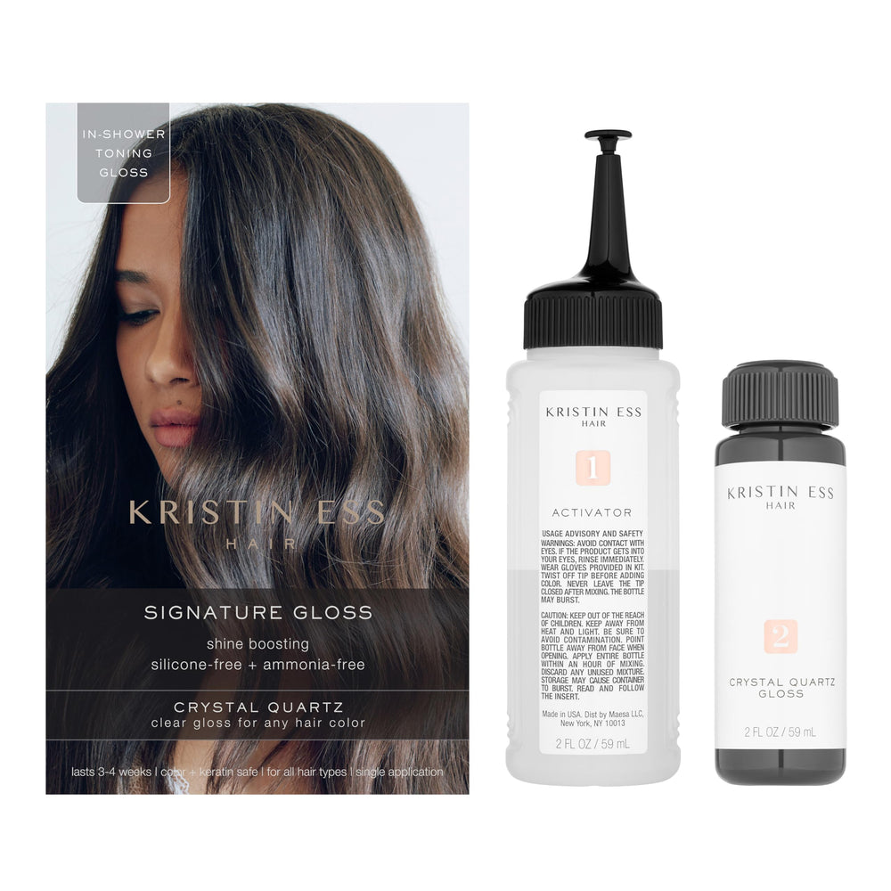 Kristin Ess Hair Crystal Quartz Clear Hair Gloss application demonstrates easy in-shower mixing