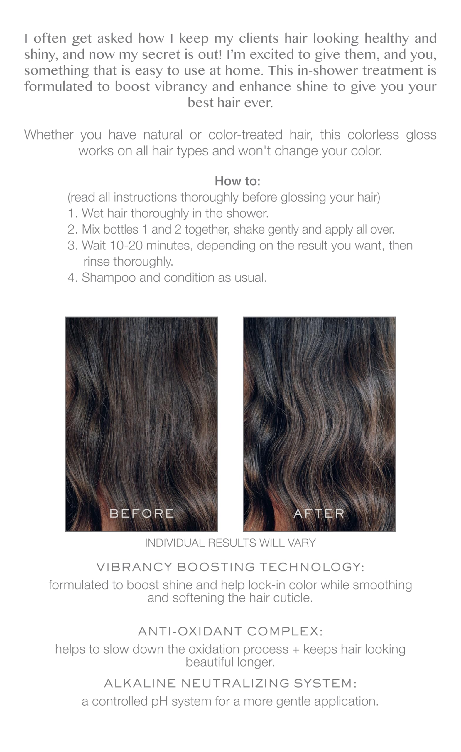 Kristin Ess Hair Crystal Quartz Clear Hair Gloss mixing scene shows instant vibrancy for any color