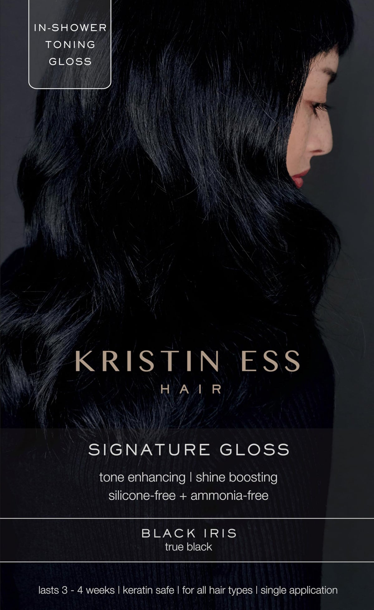 Kristin Ess Hair Gloss Black Iris bottle pour shows true black tone for dark hair