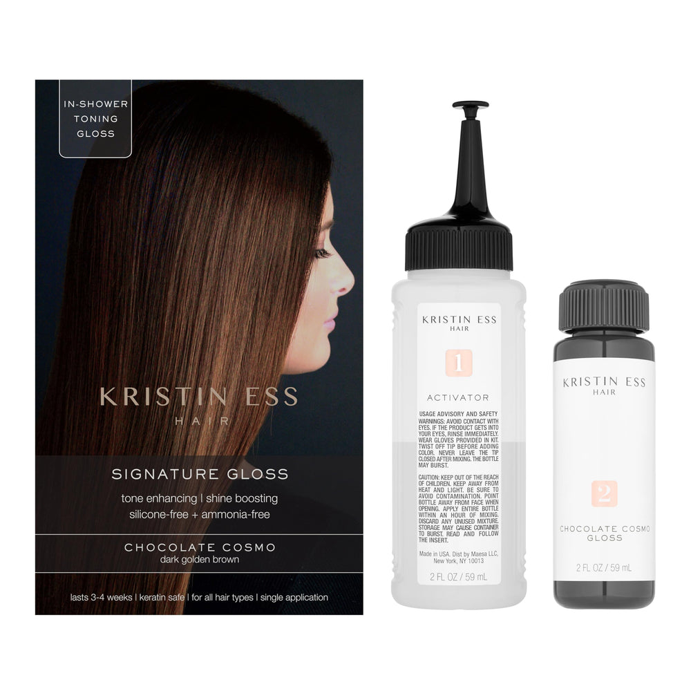 Kristin Ess Hair Gloss application shows even coverage on dark hair