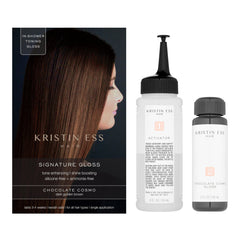 Kristin Ess Hair Gloss application shows even coverage on dark hair