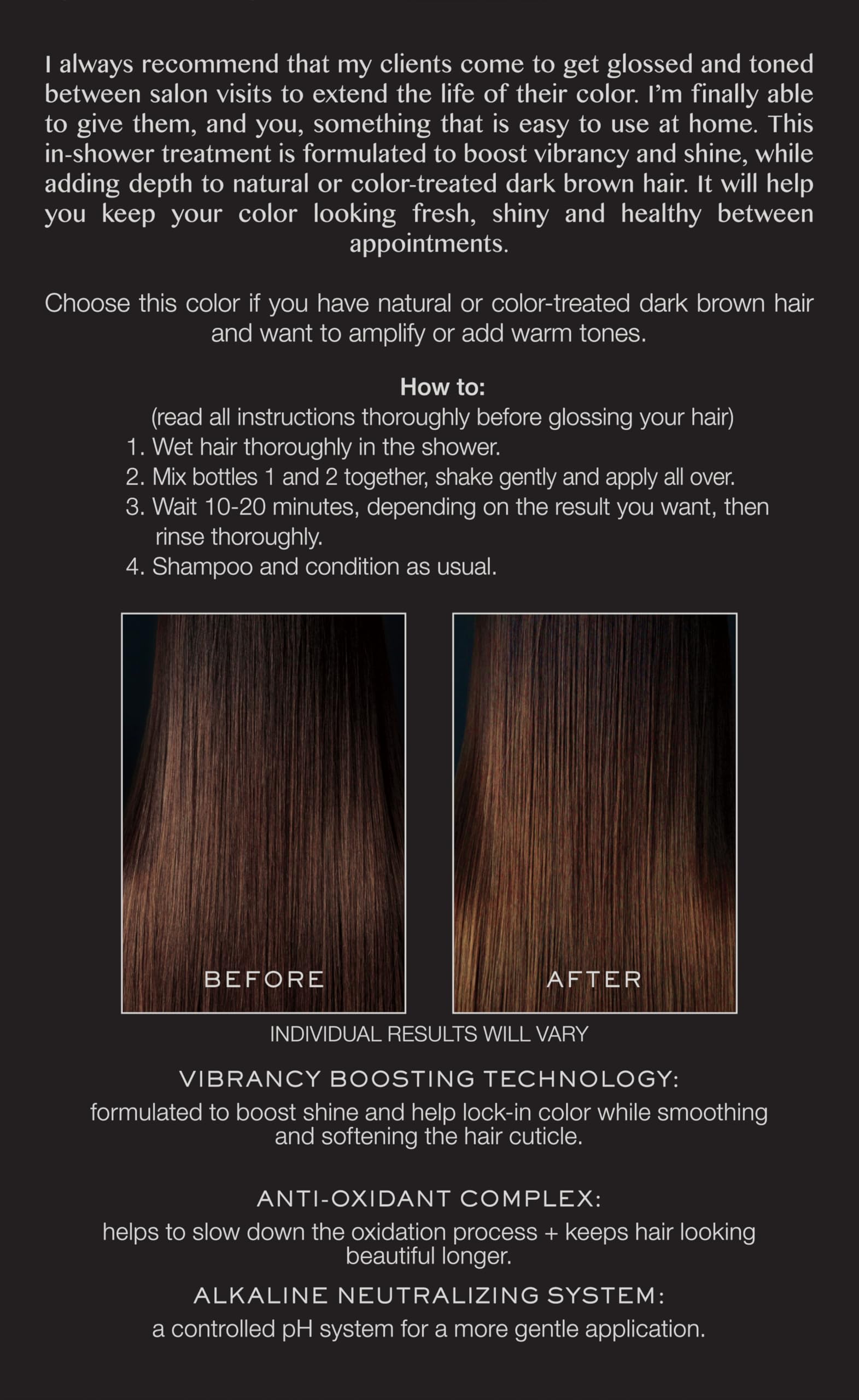 Close-up of glossy chocolate Cosmo color on hair