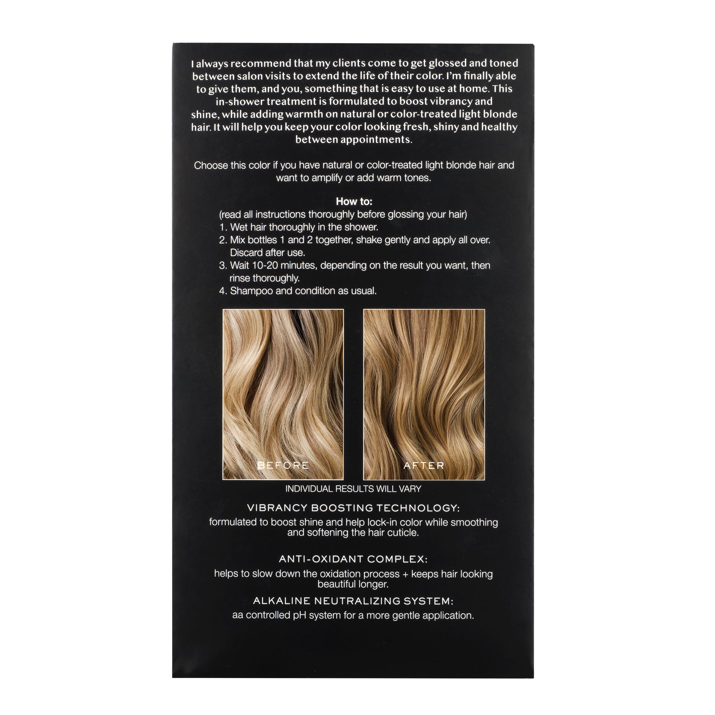Applying Kristin Ess Hair Gloss Honey Latte from roots to ends
