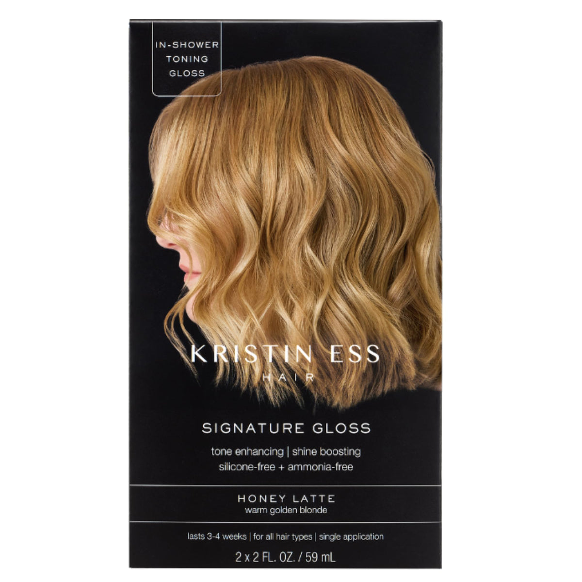 Kristin Ess Hair Gloss Honey Latte bottle being poured for even color deposit